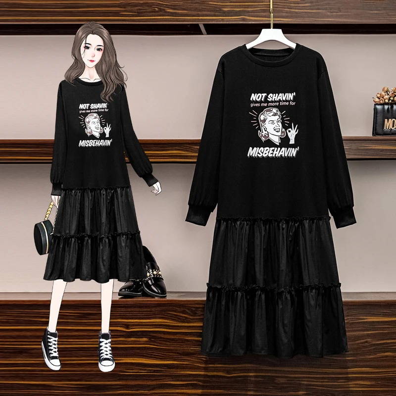 

L-4XL Plus Size Women Black Casual Dress Spring 2021 Cotton Long Sleeve Print Sweatshirt Patchwork Loose Ruffle Midi Dresses