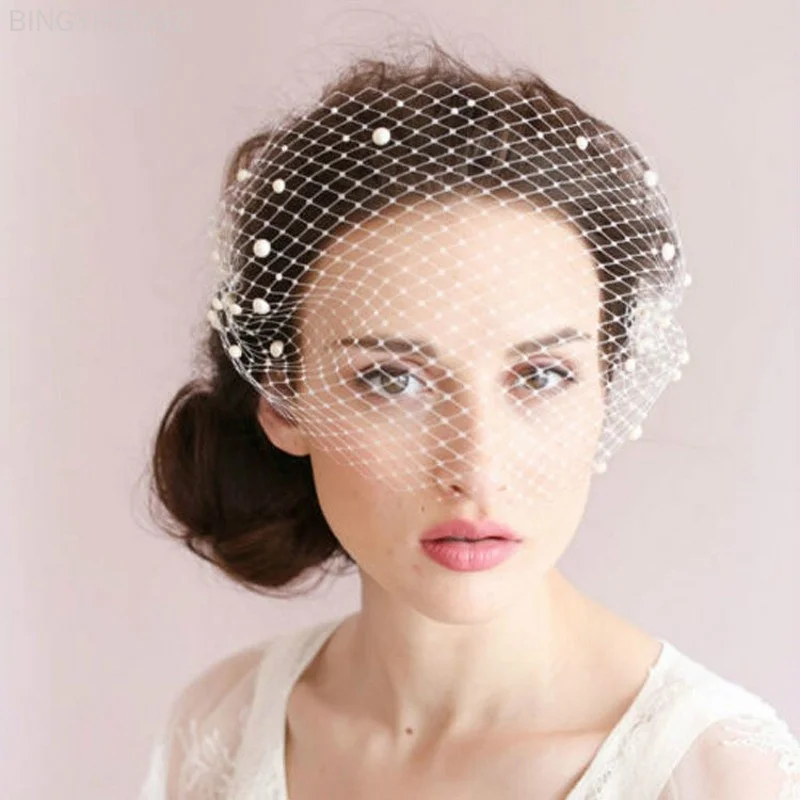 

Birdcage Veil with Pearls Bridal Veils Face Wedding Veil One Layers with Comb Tulle Veils Edge Style Item Type Material Technics