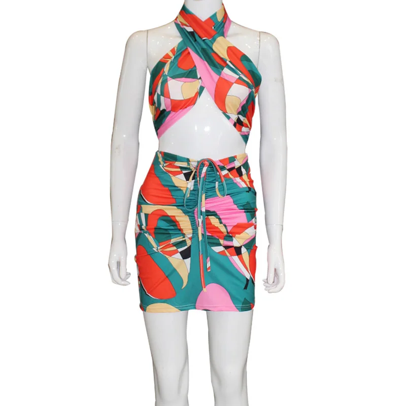 

2021 Sexy Print Tracksuit Woman Two Piece Boho Outfit Suits Halter Bandage Tanks And Ruched Drawstring Midi Skirts Matching Sets