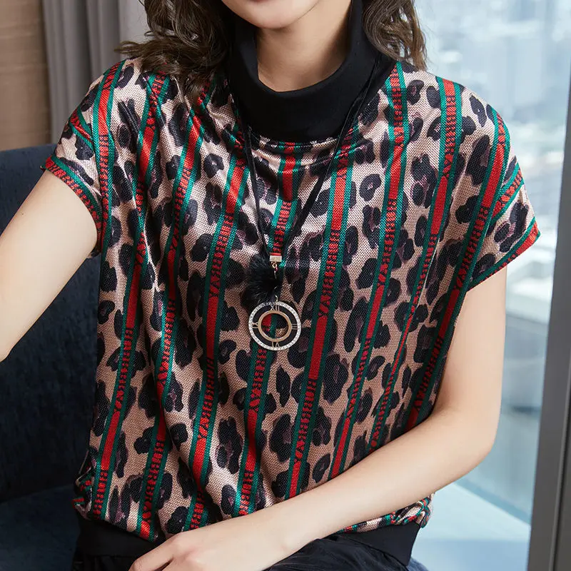 

2021 spring new velvet women's large size T-shirt high collar short sleeve printed loose jacket belly bottoming shirt