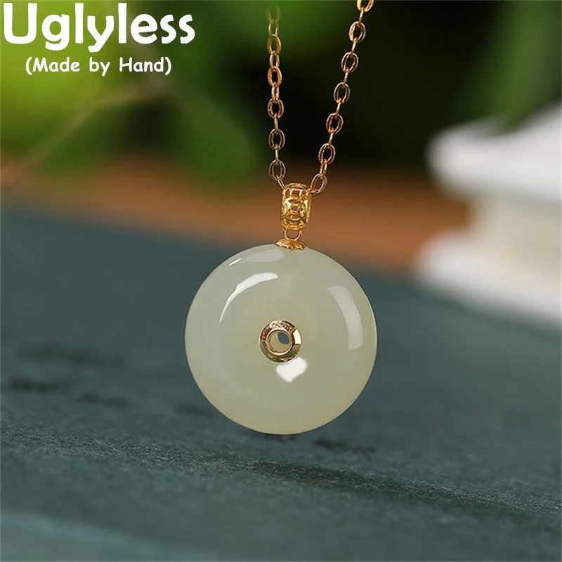 

Uglyless Real AU750 18K Gold Necklaces for Women Classic China Chic Peace Buttons Pendants Natural Jade Jewelry Golden NO Chains