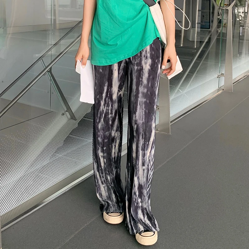 

Hzirip New Korean Fashion Tie-Dye Blooming Wide-Leg Women 2021 Hot Summer High-Waist Drape Thin Loose Straight-Leg Casual Pants