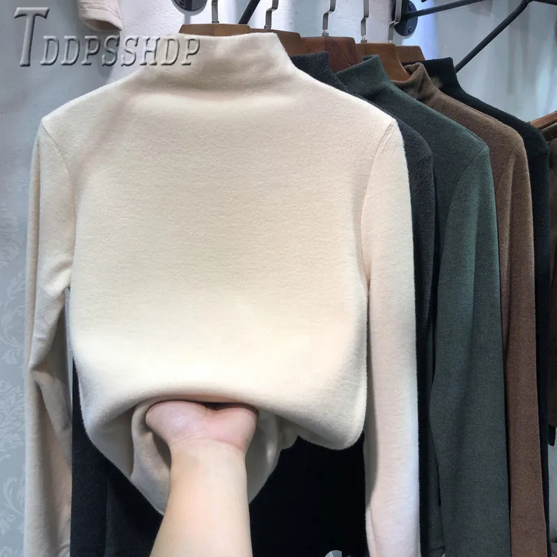

2019 Lining With Fluff Women T Shirt Solid Color Warm Female Bottoming Tee Shirts