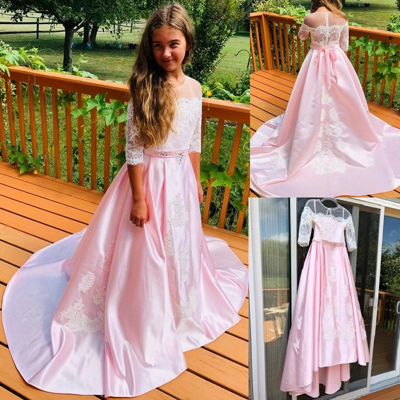 

Pink Flower Girl Dresses For Wedding A Line Floor Length Short Sleeve Party Gown Lace Jewel Appliques First Communion Kids Dress
