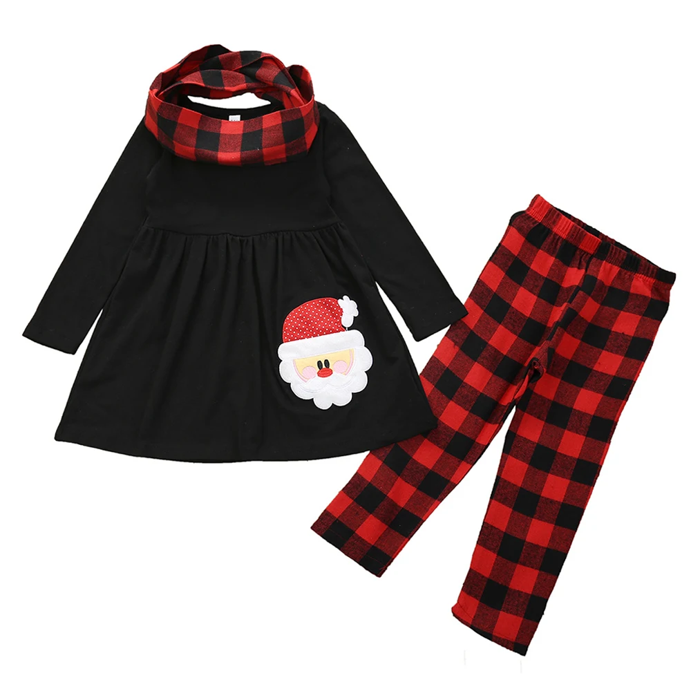 

Lovely WarmChristmas Santa Claus Printed Outfits Toddler Kids Girls 3PCs Loose Black Tops+Plain Pants+Scarf Kawaii Clothing