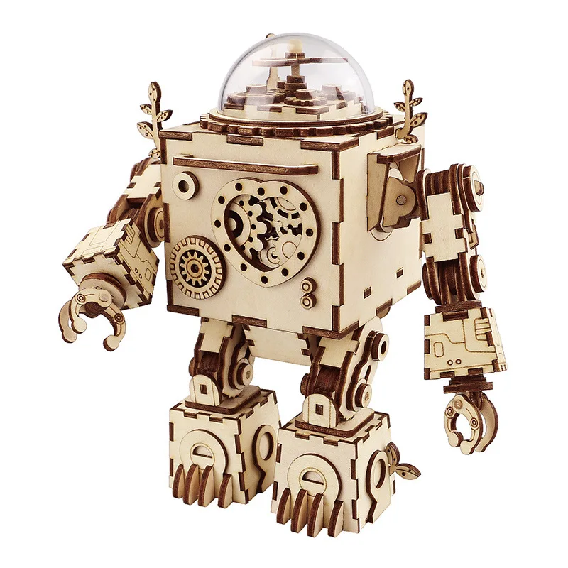 Diy Music Box Three-Dimensional Puzzle Wooden Toy Creative Space Series Model Robot Music Box Gift Double Color Optional - Цвет: B