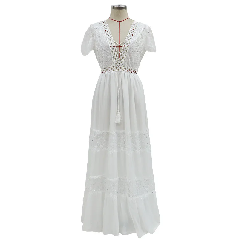 

White Lace Woman Wedding Dresses V Neck Short Sleeve Backless Party Long Maxi Dress A Line Floor Length Bohemian Bridal Gowns