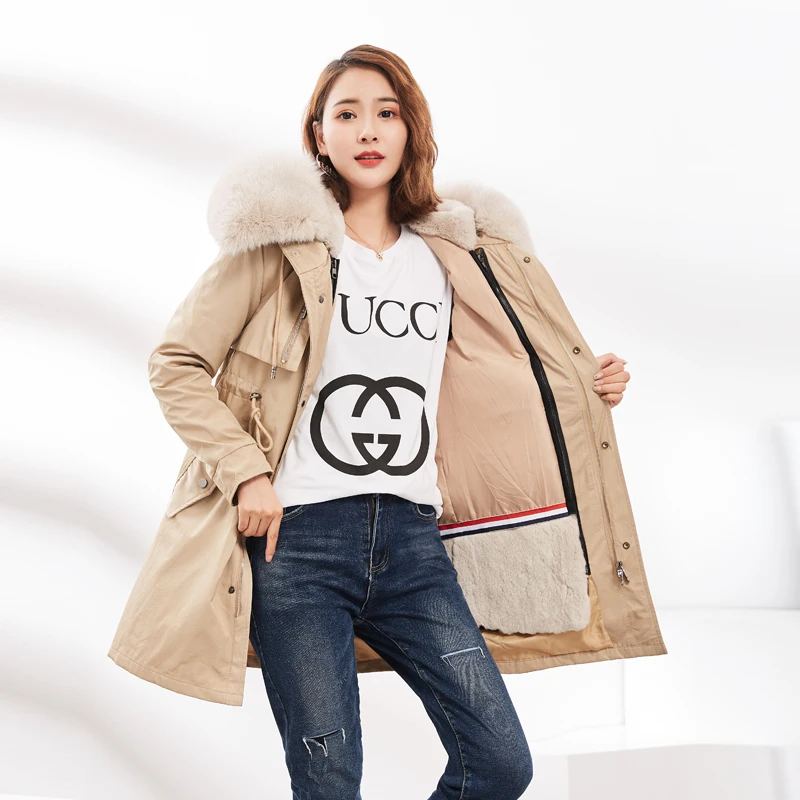 

Женская зимняя парка из натурального меха кролика Рекс, Повседневная Съемная женская одежда со съемным воротником из лисьего меха и капюшо...