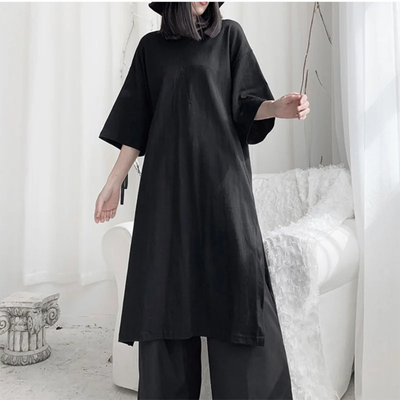 Женские новые летние круглый воротник сплошной цвет с длинными разрезами