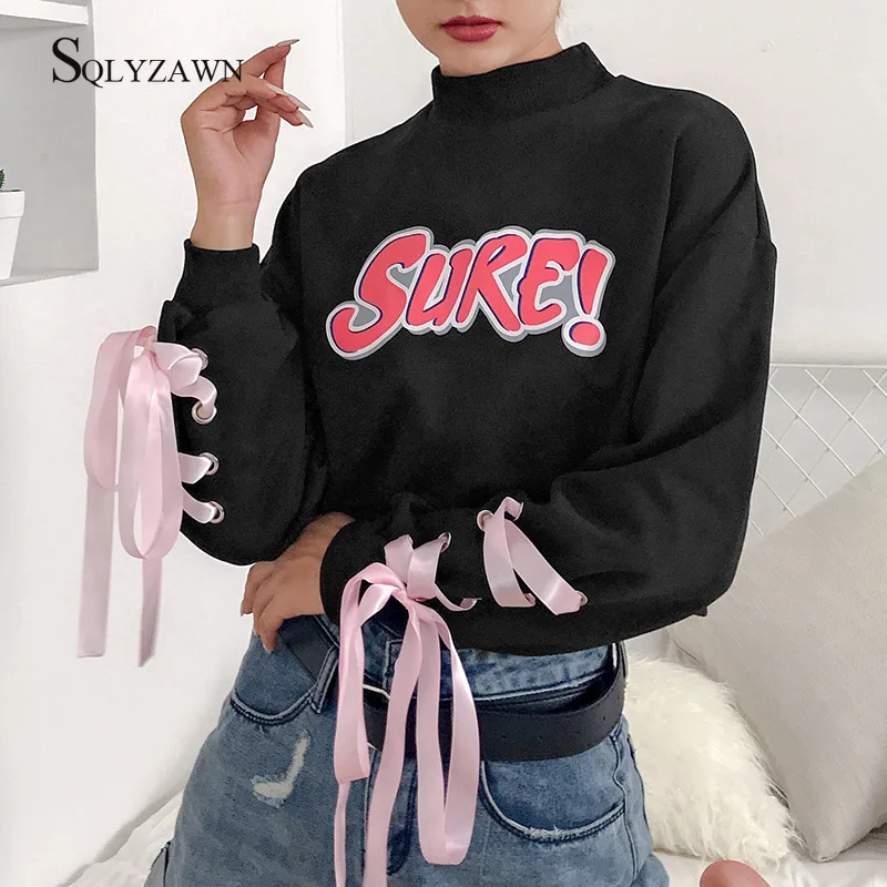 

Women Letter Print Hoodies Cropped Streetwear Long Sleeve Sweatshirt Ribbon Lace Up Knitted Loose Pullover Hoodie Pullovers 2019