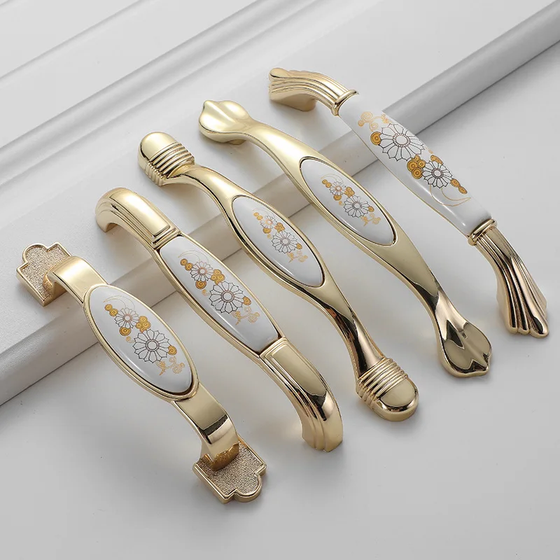 JD European Cabinet Wardrobe Door Single Hole Handle Gold Ceramic Handle Modern American Flower Pattern Drawer Furniture Handle