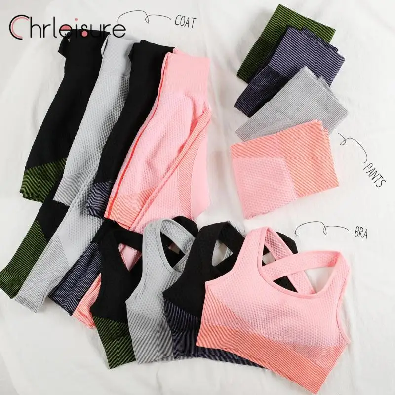 Женские Бесшовные комплекты для йоги CHRLEISURE, комплект из 2 или 3 предметов, спортивная одежда, укороченный Топ с длинным рукавом и бюстгальтер, леггинсы для бега, тренажерного зала, фитнеса и тренировок - изображение