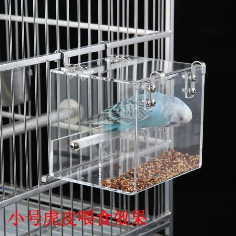 

Acrylic Bird Feeder Hanging Seed Tray Box Parrot Perch Stand Cage Feeding Tools Easy to Refill Clean