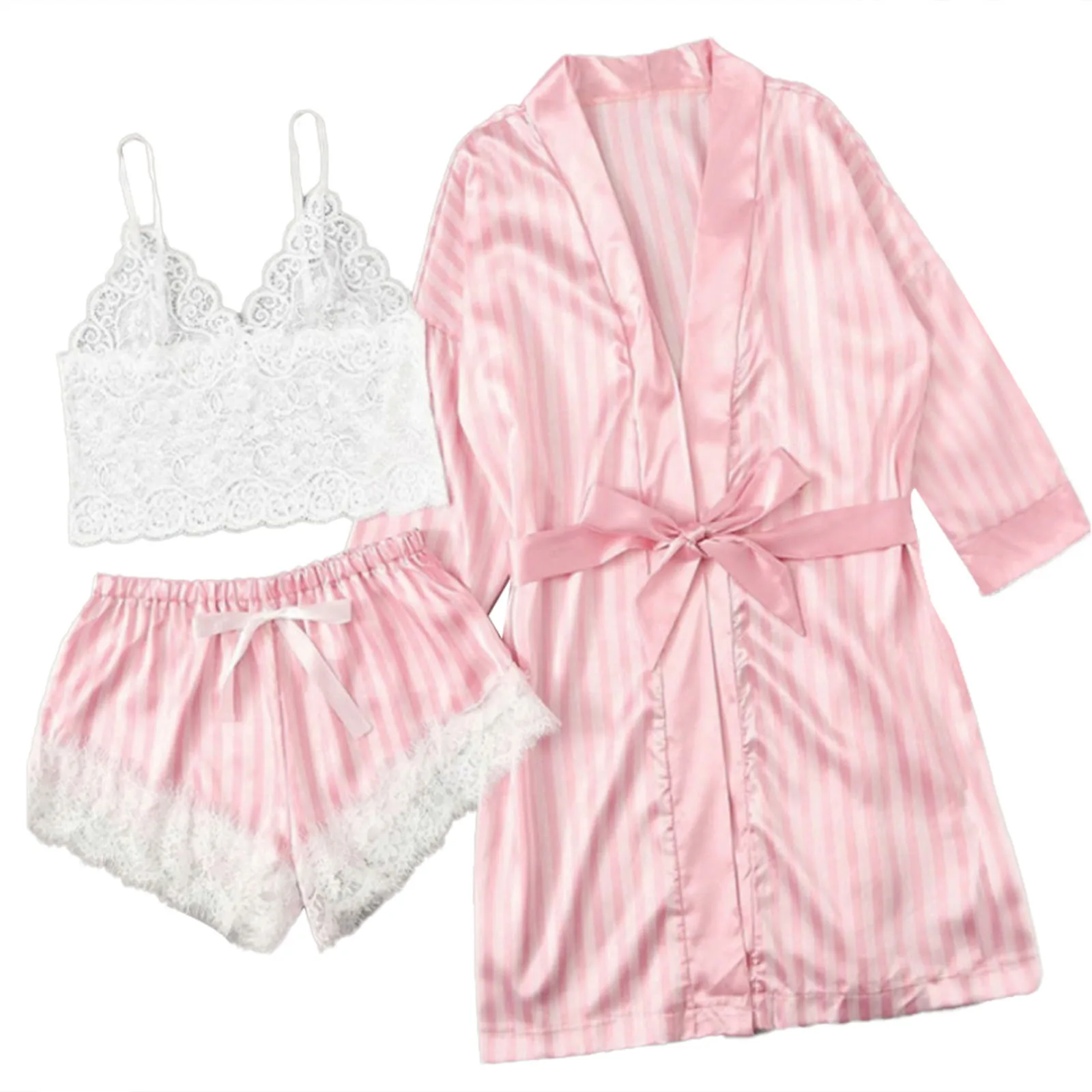 3pcs Pajama Set Lace Trim Satin Cami Top Shorts and Robe Suit Women Sexy PJ