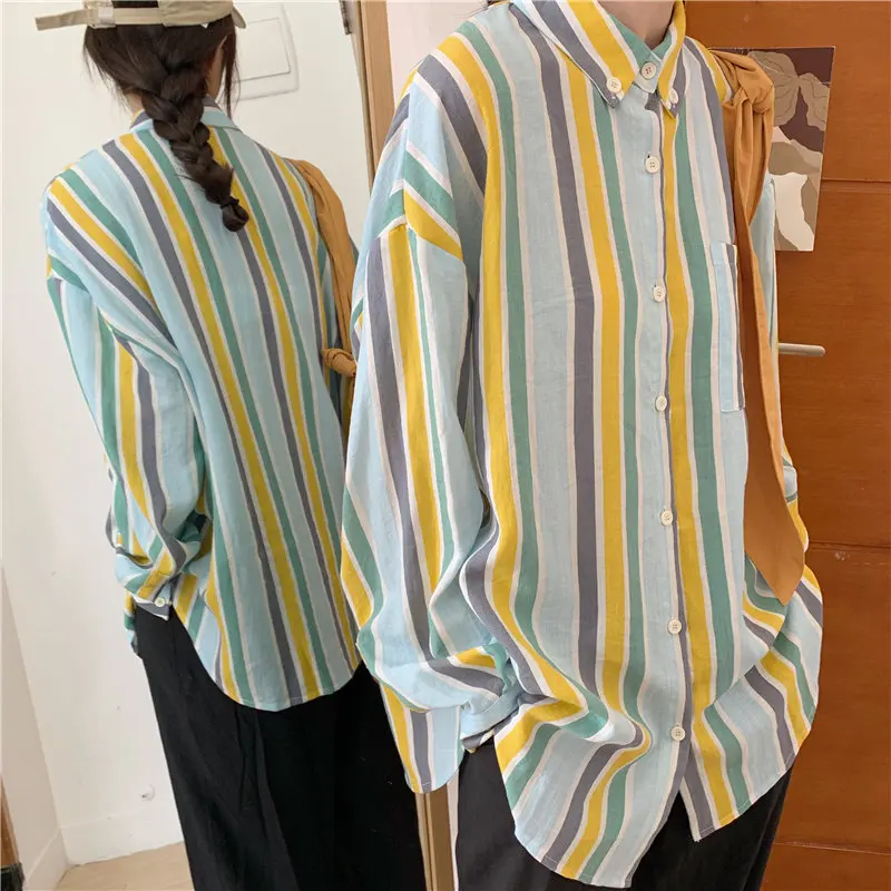 

HziriP Retro Striped Fashion Cute Chic Vintage New Women Casual 2019 Autumn Loose Brief All-Match Pockets Feminine Fresh Shirts