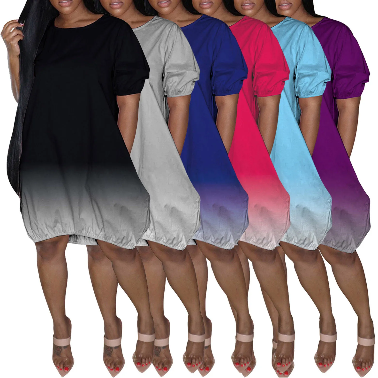 

40# Gradient Color Knee Length Dress Woman Casual Short Sleeve Summer Dressplus Size Loose Dress 2021 Casual Woman Clothing