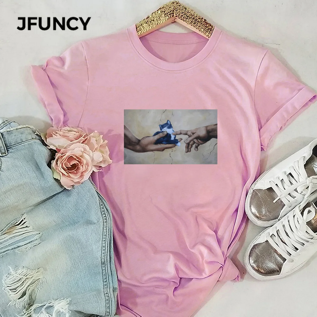 JFUNCY Funny Print 100%Cotton Summer T Shirt Women Short Sleeve T-shirt Female Tees  Casual Lady Basic Tops