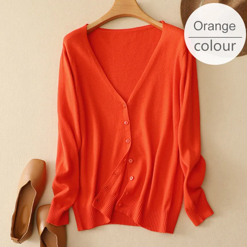 V-neck Orange Red Однобортный Для женщин свитер вязаный тонкий кардиган с круглым вырезом с длинным рукавом женские кардиганы Демисезонный женские топы - Цвет: V-neck Orange Red