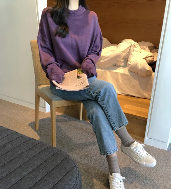 Женские свитера фиолетового цвета повседневные теплые в европейском стиле