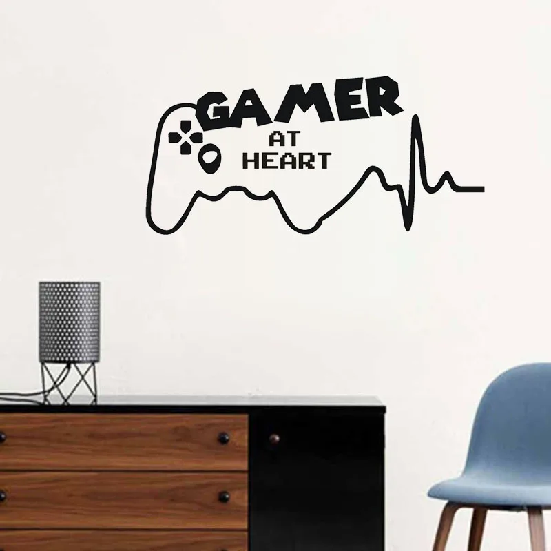 

Gamer At Heart Wall Decals Game Room Video Playroom Vinyl Wall Sticker Teens Room Boy Bedroom Removable DIY Home Decor