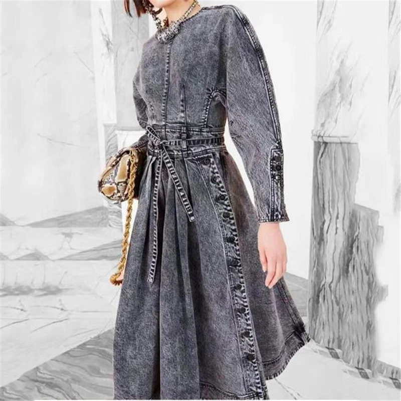 

Fall 2021 new retro round neck puff sleeve dress women's fashion lace-up waist mid-length long-sleeved denim A-line skirt bing