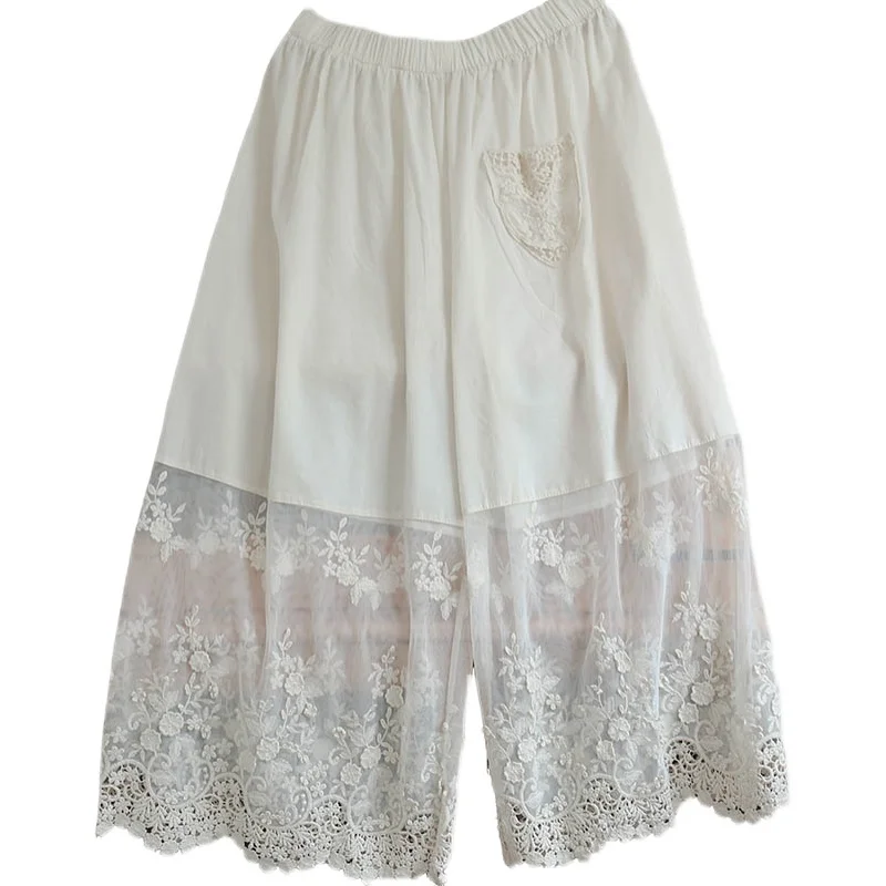 

Lamtrip Literary Artistic See Lace Patchwork Elastic Waist Flower Embroidery Loose Wide-Leg Pants Cotton 2021 Summer Lolita