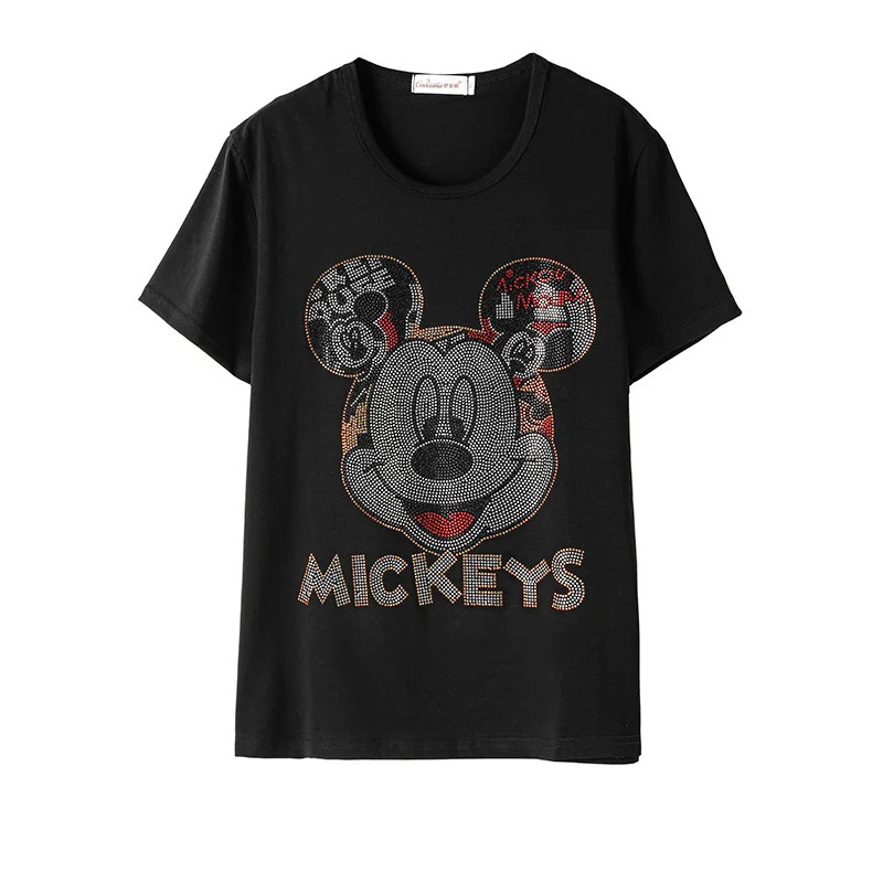 

Fashion Diamond Cartoon Large Size T-shirt Women Summer Loose Short Sleeve Black Hot Drilling Tops Tees T073