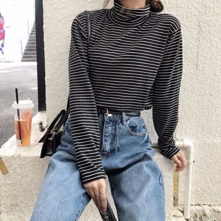 Женские футболки полосатая водолазка Женская осенне-зимняя облегающая верхняя
