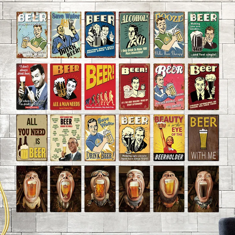 

Metal Painting A Gentleman In A Western Suit and Leather Shoes Holding A Beer with A Funny Character In His Mouth Decor Drawings