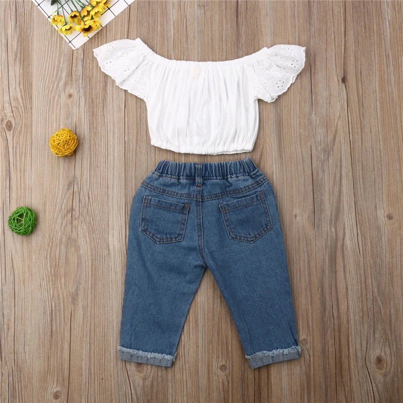 Новый комплект одежды для маленьких девочек кружевная футболка с открытыми