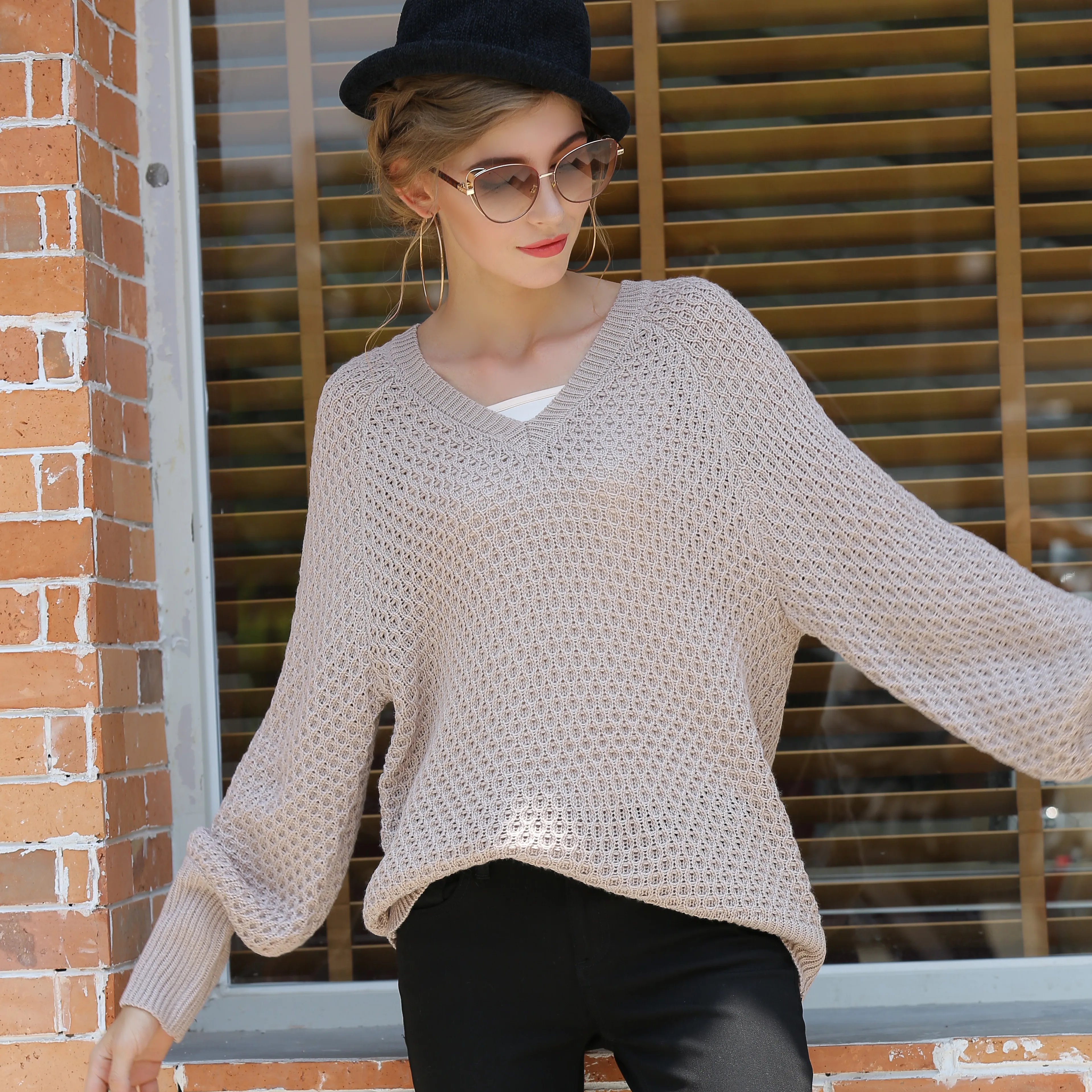 Офисный женский однотонный вязаный свитер с длинным рукавом Свободный пуловер