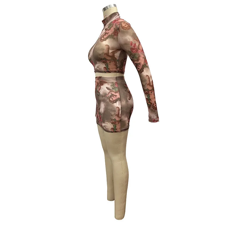 

2020 New Sexy Women Two-pieces Clubwear Turtleneck Long Sleeve Angel Print T-shirt Crop Tops Mesh See Through High Waist Skirts