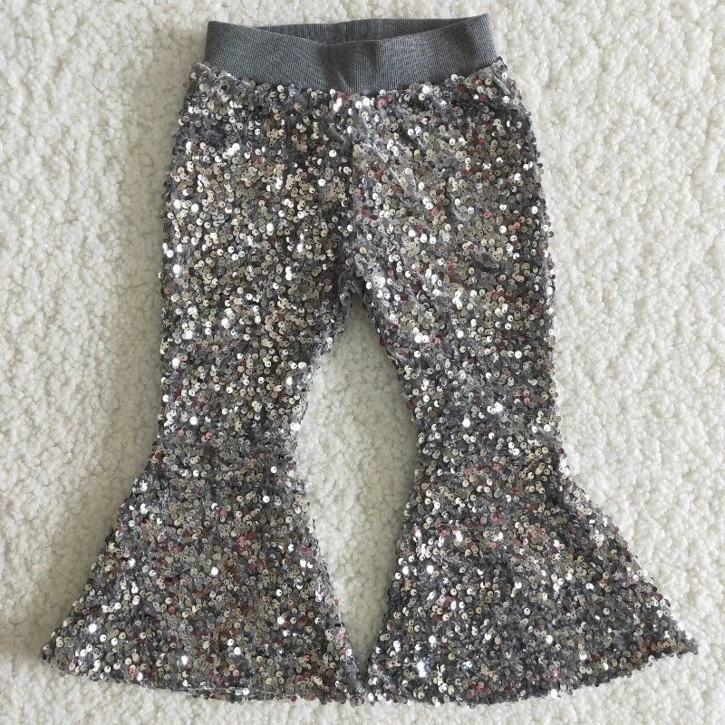

Wholesale Kid Fashionable Boutique Clothing Baby Girls New Real Sequins Gray Color Soft Comfortable Children Bell Bottoms Pants