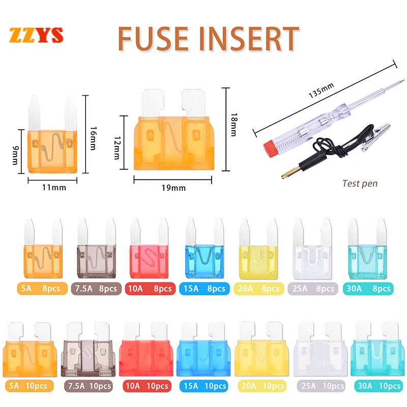

126pc 5A 7.5A 10A 15A 20A 25A 30A Automotive Truck Auto Car Blade Type Fuse Zinc flakes Assortment Set with Box Clip Test Pen