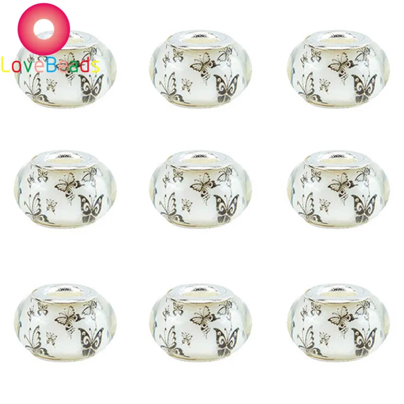 10Pcs White Butterfly Print Resin Murano Beads 5MM Big Hole Fit Pandora Bracelet Pendant Charms Chain Spacer DIY Beading Jewelry