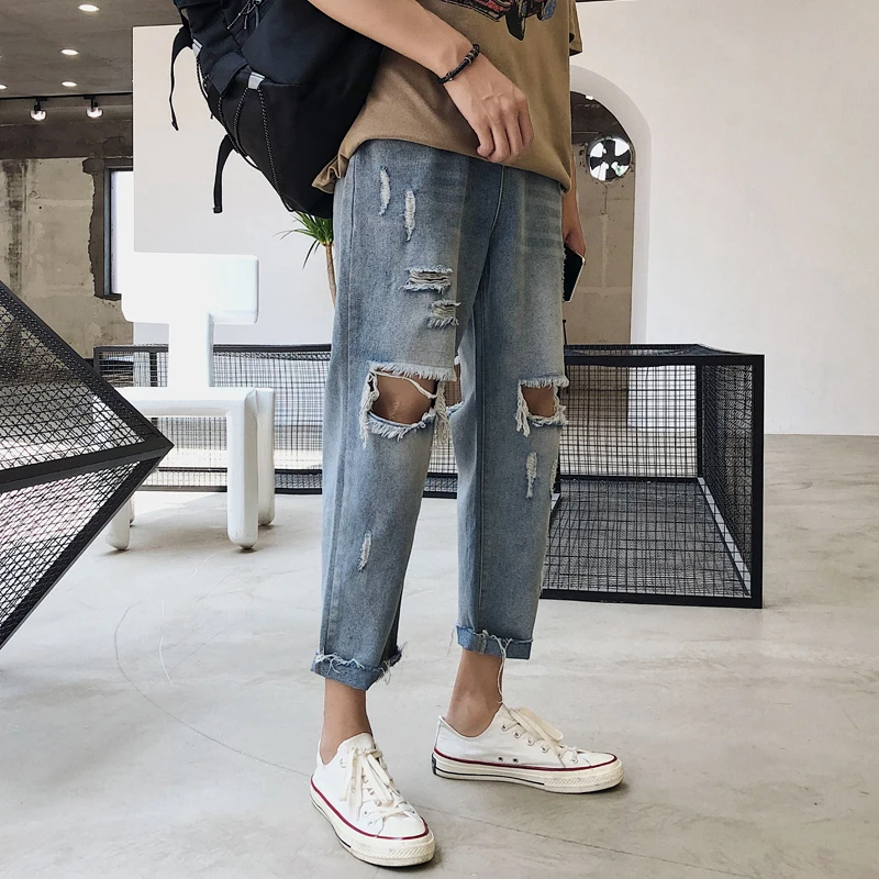 

Summer Knee Ripped Jeans Men's Raw-Cut Ankle-Length Ripped Hip Hop Beggar Loose Fashionable Cropped Straight Pants