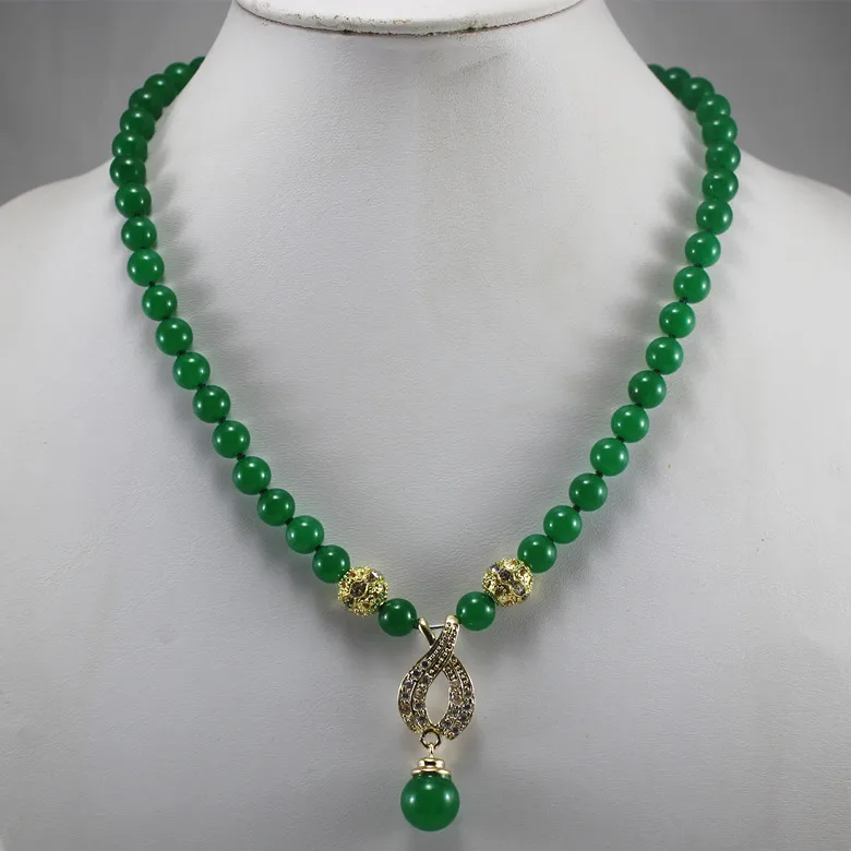 

factory price wholesales/retail simple 8mm green Jade necklace+14mm Jade pendant gift good