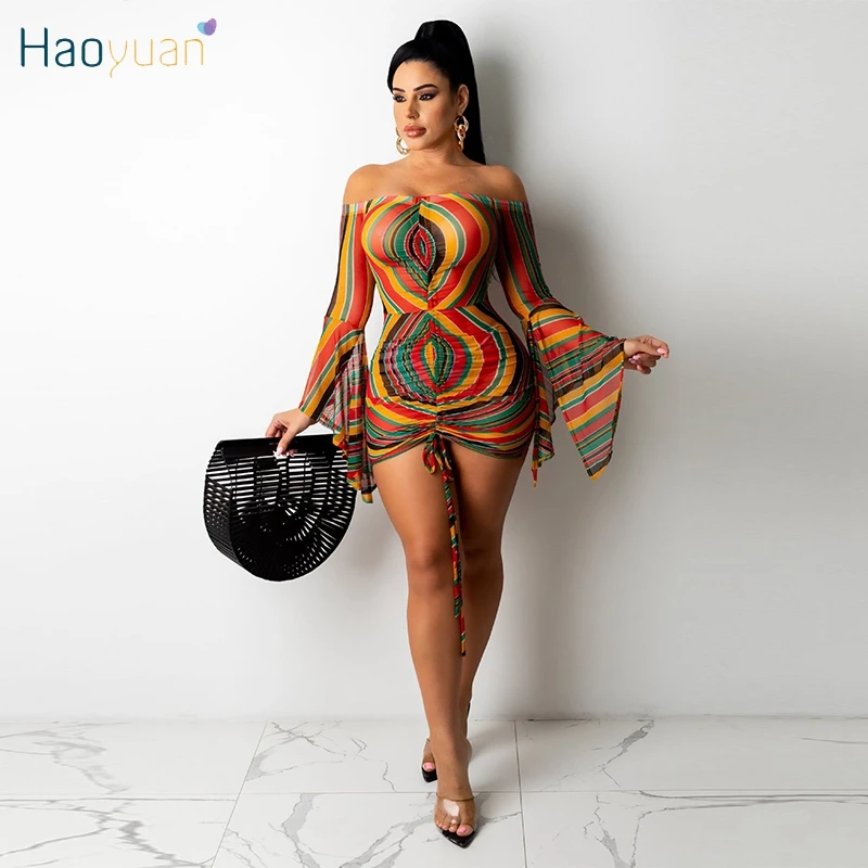 

HAOYUAN Striped Off Shoulder Bodycon Mini Dress Flare Sleeve Women Festival Birthday Outfits Sexy Night Clubwear Bandage Dresses