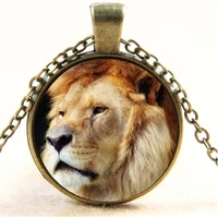 lion animal photo cabochon glass chain necklacecharm creative women pendants fashion jewelry accessoryfriend gifts