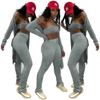 Sexy Women Knee-Length Coat+Boob Tube Top+Stacked Sweatpants Leggings Ruched Pants Three-Pieces-Suits