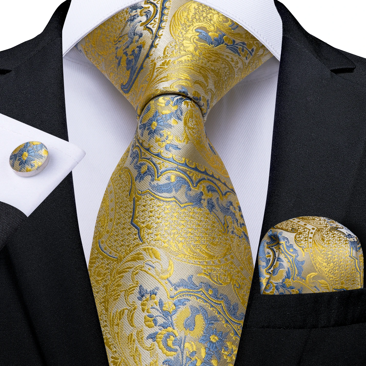 Бизнес Синий Пейсли золотистые Галстуки 100% шелк мужской галстук Карманный