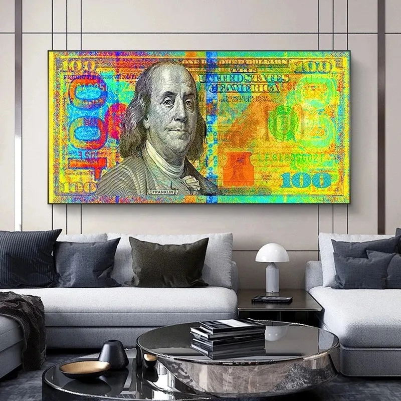 

Graffiti Art of Money Canvas Art Posters and Prints Golden 100 Dollars Canvas Paintings Wall Art Pictures for Living Room Decor