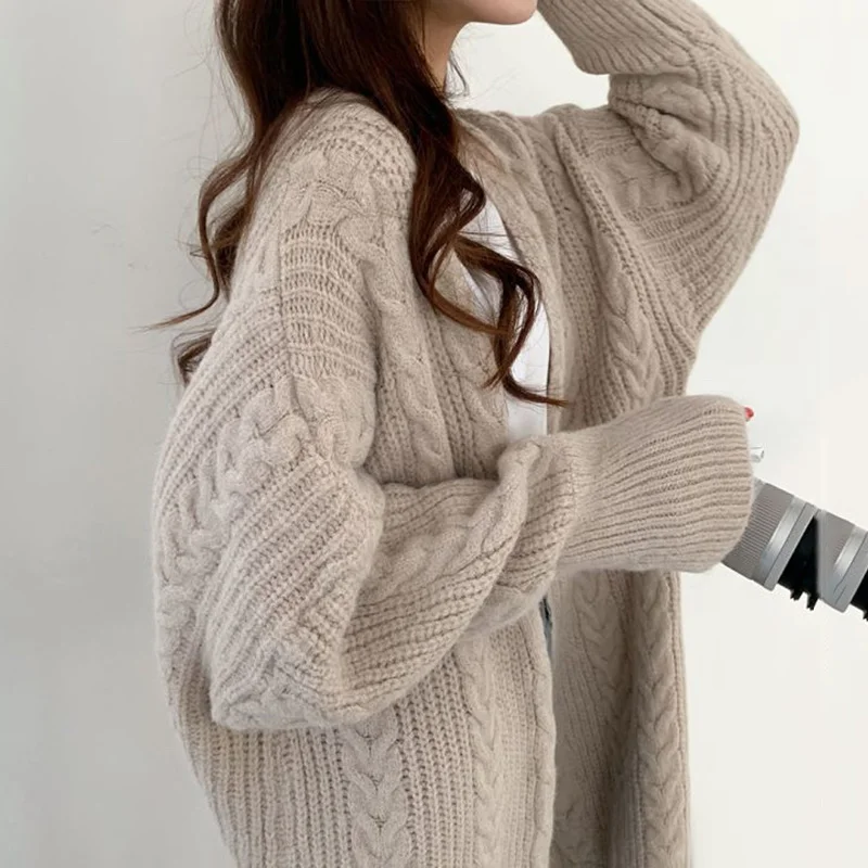 

Корейский женский вязаный свитер пальто шикарный осенний ленивый V-образный вырез Конопляный узор свободный до колена