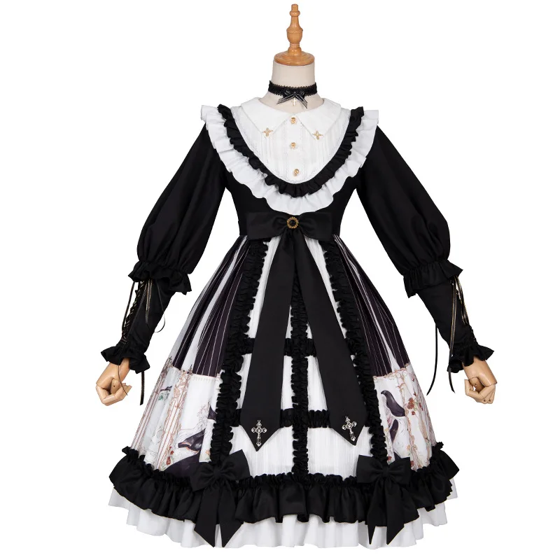 

Lolita Princess Skirt Cosplay Lovely Lolita Cake Black Long Sleeve Dress Puffy Skirt Court Retro Lolita Dress New