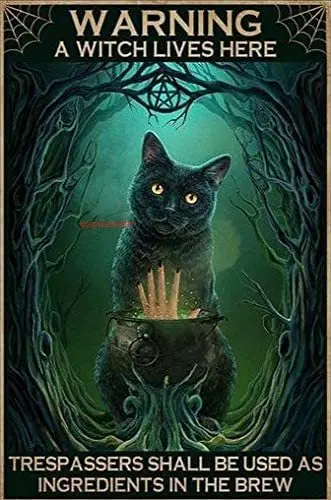 

Warning A Witch Lives Here Black Cat Halloween Iron Painting Tin Sign Bar Pub Garage Diner Cafe Home Wall Decor Home Decor