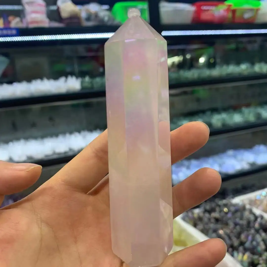 

Natural pink crystals aura clear quartz wand point tower healing stones