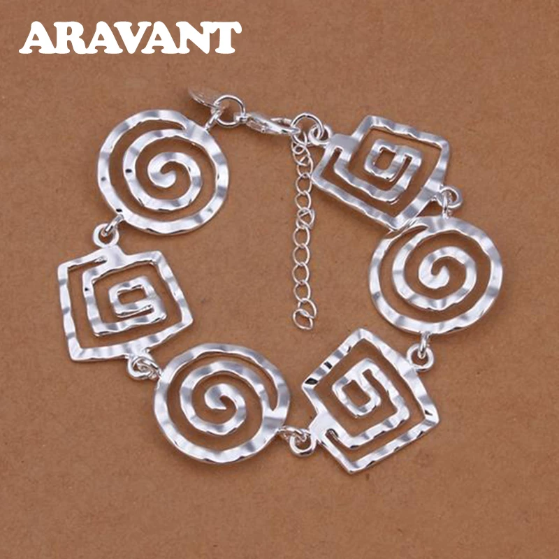 

925 Silver Round Square Charm Bracelet For Men Women Fashion Jewelry Gifts