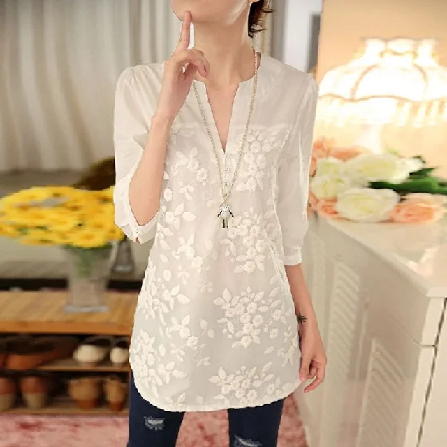 2020 New Summer Korean Women Blouse Flower Print V-neck Organza Embroidered Shirt White Lace Top Plus Size T69406 | Женская одежда