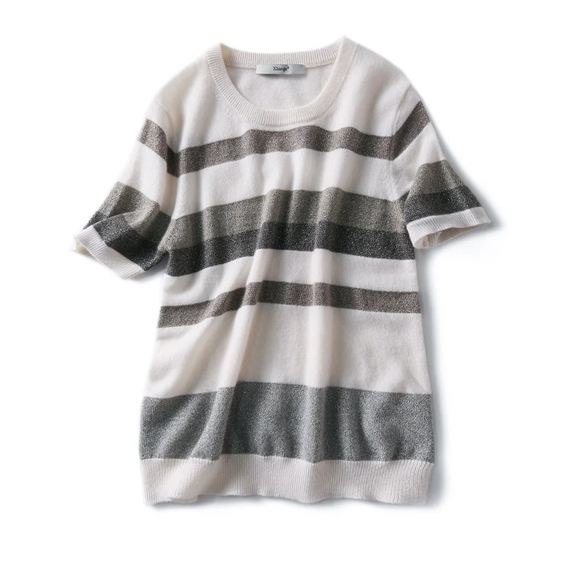 

Women's Summer Loose Ice Silk Thin Stripe Knitted Tops Ladies Short Sleeve O-neck Loose Knit Jumper Casual Pull Femme