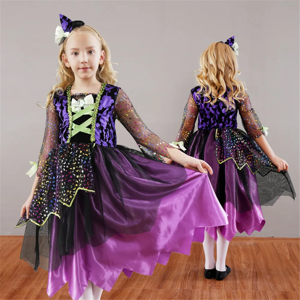 Хэллоуин ведьма костюм для девочек забавное асимметричное фиолетовое платье